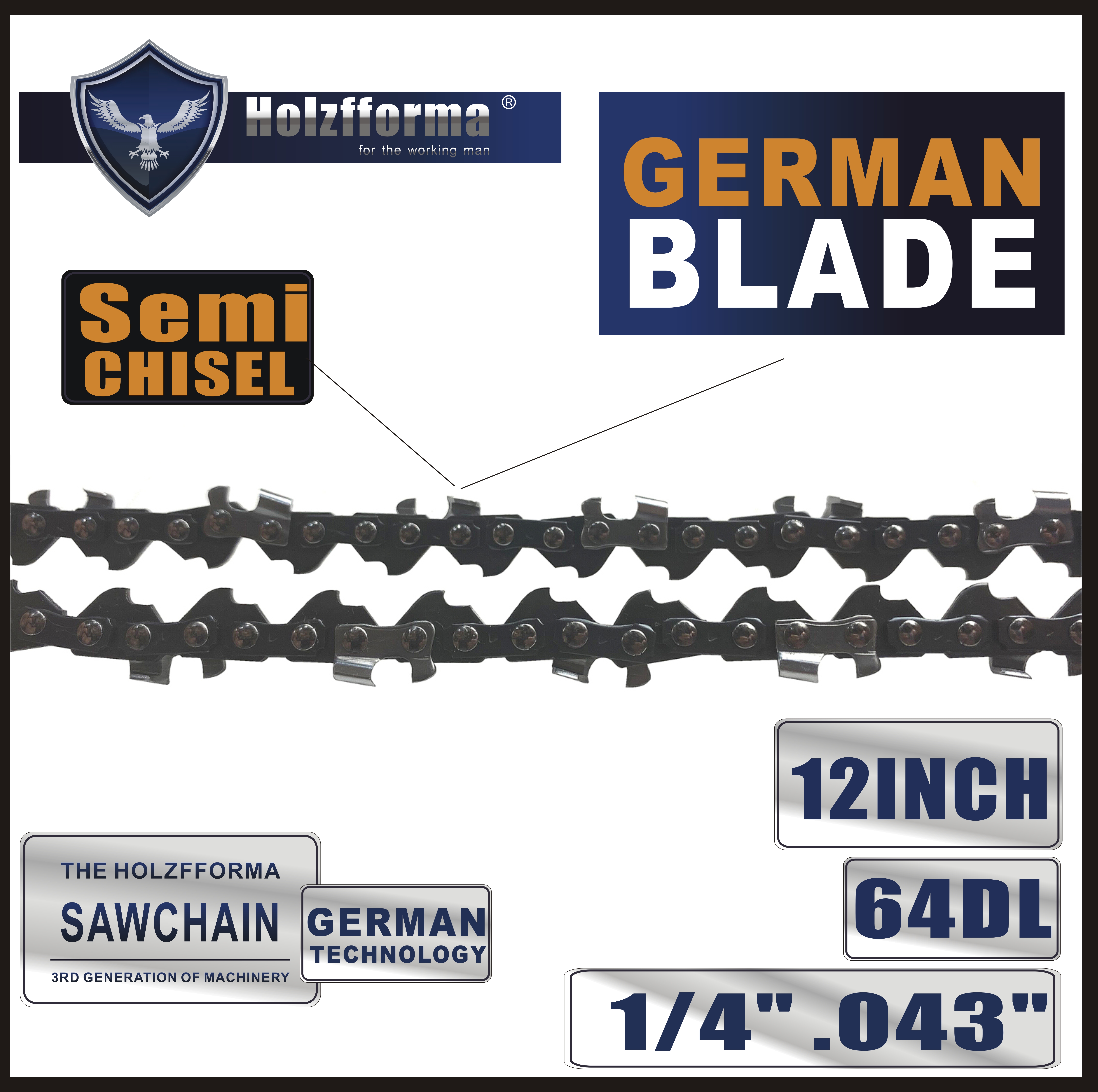 Holzfforma® 1/4'' .043'' 12inch 64DL Semi Chisel Chainsaw Saw Chain  Replaces Stihl# 3670 005 0064 (71PM3 64)