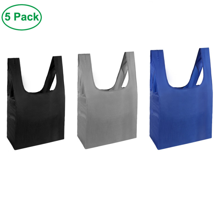 Free shipping Grocery Bags Reusable Foldable 5 Pack Shopping Bags Ripstop Polyester Reusable Shopping Bags,Washable, Durable and Lightweight - grey