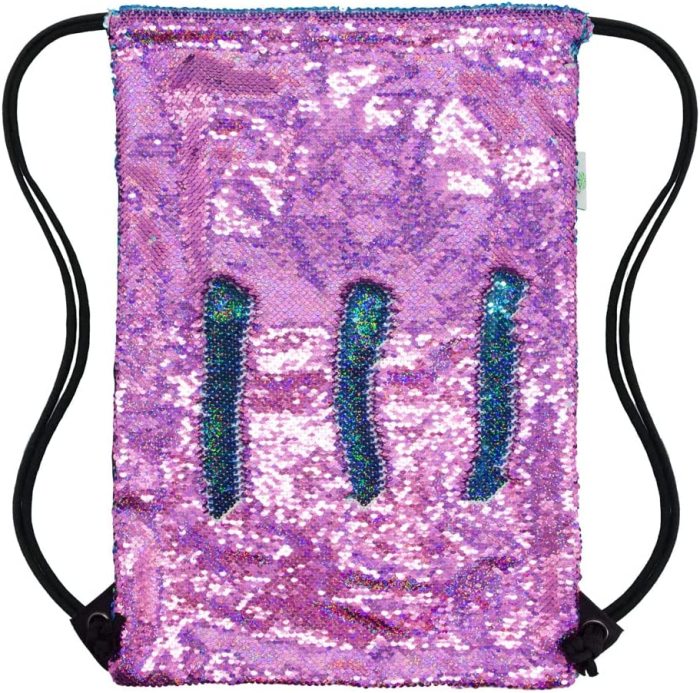 HOLYLUCK Reversible Sequin Drawstring Bag,Sparkly Sequin Drawstring Backpack Glitter Sports Dance Bag Shiny Travel Backpack-laser purple/blue