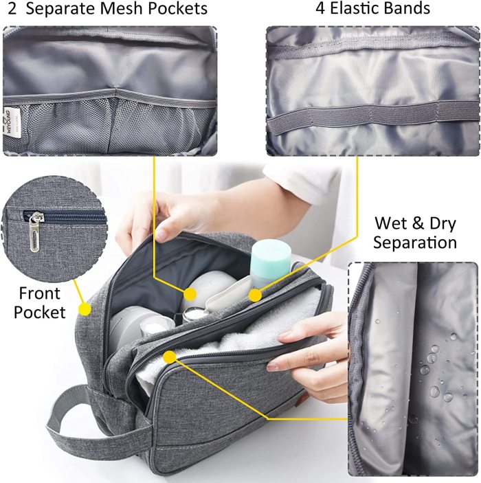 Travel Toiletry Bag for Men Hanging Dopp Kit Shaving Bag Portable Toiletry Organizer Separate Dry and Wet Cosmetic Bag (Grey)