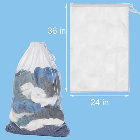 2 Pack Mesh Laundry Bag 24 x 36 inches Sturdy Heavy Duty Drawstring Bag Durable Large Wash Bags for College Dorm Camp fold travel (White&White)