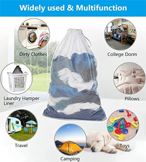 2 Pack Mesh Laundry Bag 24 x 36 inches Sturdy Heavy Duty Drawstring Bag Durable Large Wash Bags for College Dorm Camp fold travel (White&White)