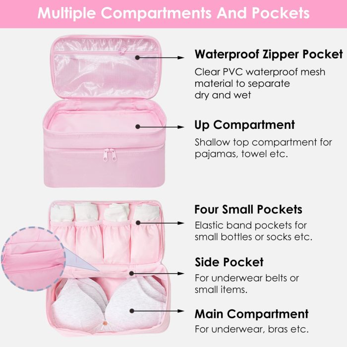 Travel Underwear Organizer Bag, Bra Bag Double Layer Packing Cube Storage Bag Waterproof Lingerie Socks Bag Cosmetic Bag Toiletry Bag