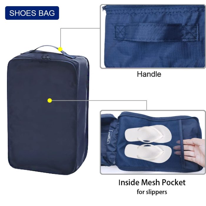 6 Set Packing cubes Travel luggage Organizer Waterproof Mesh Lightweight Suitcase storage bag Clothing Laundry Bag Shoe Bag (Navy)