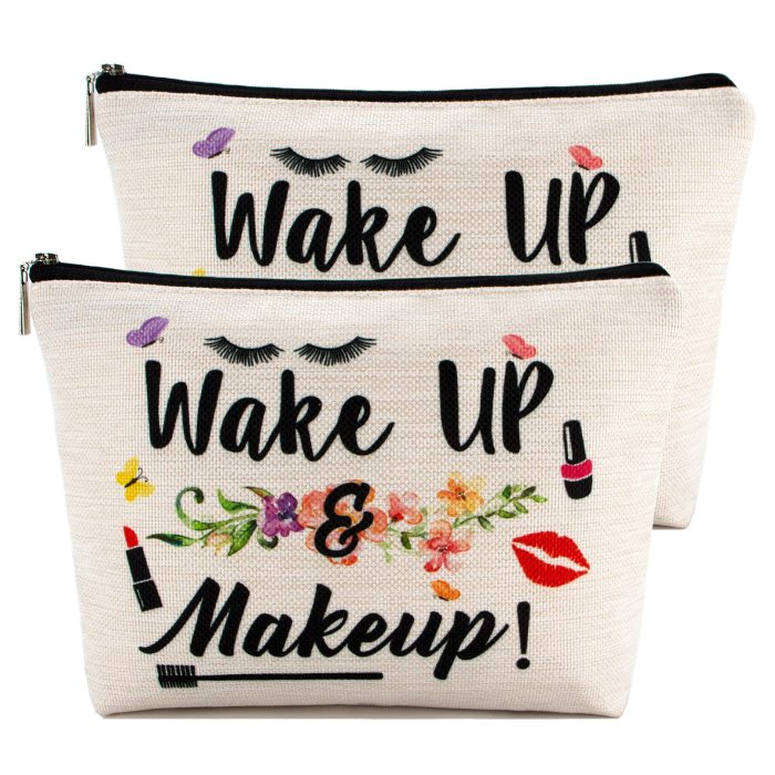 CALACH Wake Up & Make Up Bag Cosmetic Bag, Gift for Women Female Best Friends Sisters Zipper Makeup Pouch Travel Wedding Makeup Bag Waterproof Small Bag for Purse Toiletry Bag