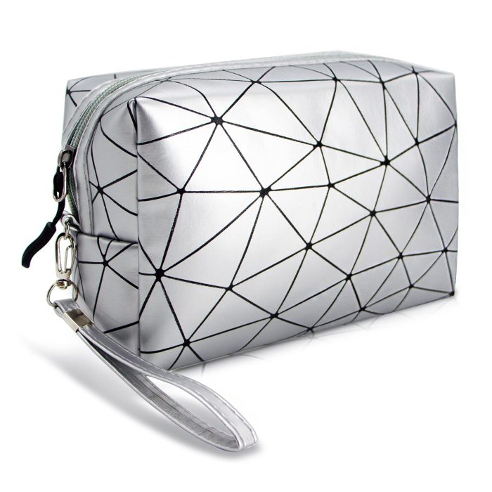 Travel Makeup Bag Cosmetic Bag Portable Waterproof Soft PU Leather Zipper Pouch, Geometric Toiletry Bag Storage Bag, Great Gift For Gift for Women and Girls