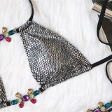 Sexy bikini crystal diamond chain women's split swimsuit
