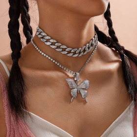 Diamond Butterfly Necklace Pendant Cuban punk two piece Necklace