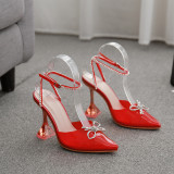 High heeled sandals with pointed transparent Rhinestone glass