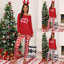 Letter printed leisure home wear long sleeve women's Christmas suit