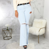 Sexy fashion knee hole stretch slim denim