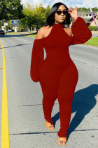 Fashion, sexy, hanging neck, pleated, split pants, bubble sleeves, open back, jumpsuit