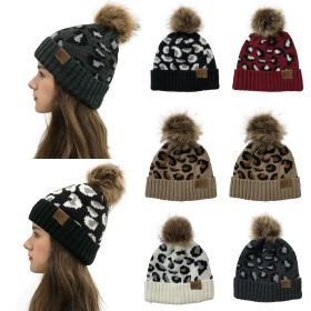 Leopard print, curled hem, wool ball knitted hat, women's wool hat