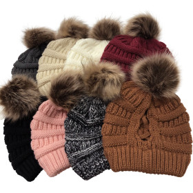 Opening, detachable, cross, ponytail, ball, knitting, wool hat