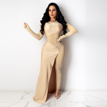 Sexy, polyester mesh, hot drill, loose, round neck, one-piece skirt