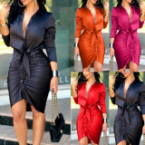 Long sleeve, lapel, pleated, solid, sexy, dress