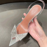 Pointed, transparent, sandals, Baotou, rhinestones, bows, high heels