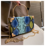 Retro, snake pattern, box, small square bag, chain, portable, one shoulder, messenger bag