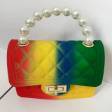 Gradient, mini, rainbow bag, pearl, handbag, rhombic, chain, single shoulder, diagonal span, jelly bag
