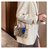 Retro, snake pattern, box, small square bag, chain, portable, one shoulder, messenger bag