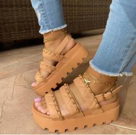 Thick sole, middle heel, metal chain buckle, Roman sandals