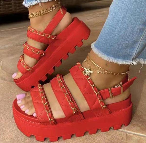 Thick sole, middle heel, metal chain buckle, Roman sandals