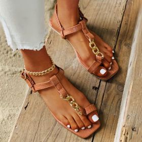 Square head, metal chain, buckle, sandals