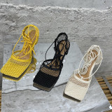 Mesh, breathable, square head, bandage, high-heeled sandals