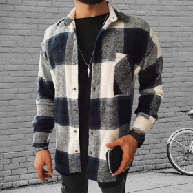 Color matching, plaid, printing, shirt, cardigan, lapel, long sleeve, plaid, shirt