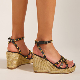 Shoe slope heel, water platform high heel, sandal, thick sole, straw shoes