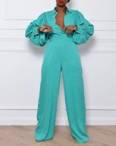 Large size, solid color, stitching, lantern sleeves, loose, jumpsuit