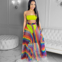 Colorful, pleated, printed, chest wrapped, three piece suit