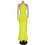Solid color, sexy, hollow, split, knot, zipper, dress