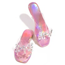 Transparent, bow, diamond, flip flop, square head, flat bottom sandals