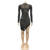 Mesh, perspective, hot drill, bubble bead, tassel, round neck, long sleeve, dress