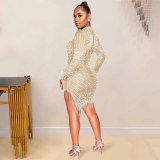 Mesh, perspective, hot drill, bubble bead, tassel, round neck, long sleeve, dress