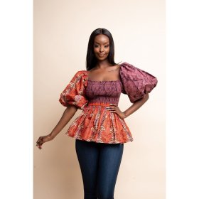 Africa, digital printing, sexy, square collar, lantern sleeve, comfortable, casual, top, lotus leaf pendulum, T-shirt