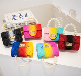 Woven, mini, jelly bag, one shoulder, pearl chain, lipstick bag, children's handbag