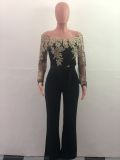 Water soluble lace, straight neck, wide leg, Jumpsuit