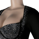 Diamond inlaid, long sleeved, dress, nightclub suit