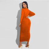 Solid, pleated, long sleeved, dress