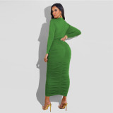 Solid, pleated, long sleeved, dress