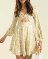 Broken flower, V-neck, long sleeve, Jumpsuit skirt