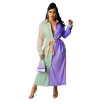 Lovely style, medium waist, solid color, French, blue, cardigan, temperament, commuting, long skirt, dress