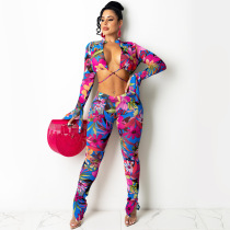 Fashion, digital, printing, long sleeves, bandages, trousers, two-piece set