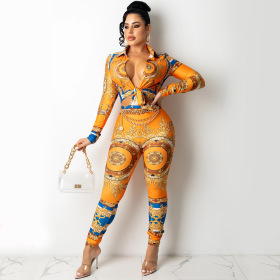Digital printing, V-neck, bandage, long sleeves, trousers, two-piece set