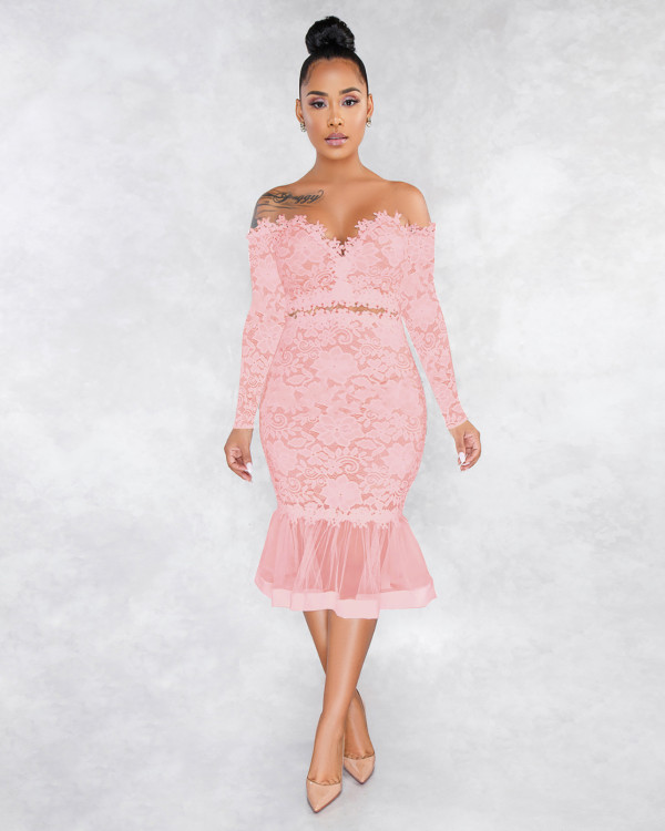Straight shoulder, lace, fishtail skirt, perspective, dress