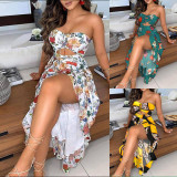 Color printing, strapless, high waist, split, hollowed out dress