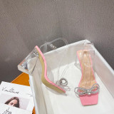 Transparent, triangular high heels, rhinestones, bows, sandals