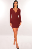 Casual, solid, low cut, V-neck, tight fitting, long sleeve, dress
